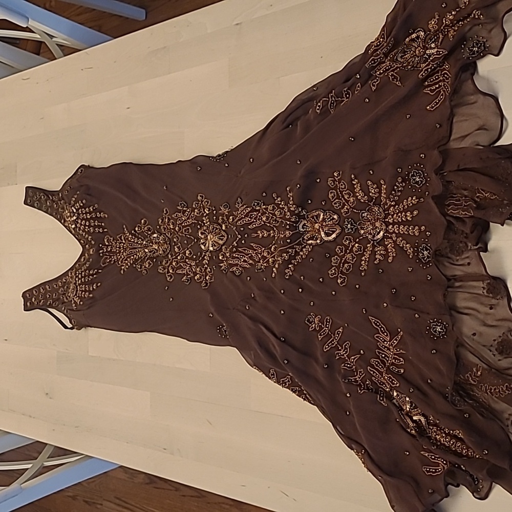 EUC VTG Marina 100% Silk Beaded and Sequined Chocolate Bown Lined Dress - Picture 1 of 17